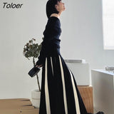 Fashion Striped Mixed Color Long Skirt Women High Waist Elegant Woman Pleated Skirt Spring Knitted Faldas Largas