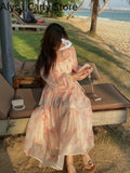 Party 2022 Spring Vintage Midi Dress Women Elegant Princess Lantern Sleeve Floral Fairy Dress Casual Sweet Beach Korean Party