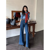 Kong Style Retro Dark Blue Loudspeaker Jeans Women 2025 Spring And Autumn High Waist Hanging Feeling Drag Broad Legs Long