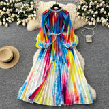 Elegant Dress Women Fashion Nail Ball Collar Hollow Pressure Folding Lantern Sleeves To Print Long