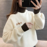Turtleneck Hoodies Women Plus Velvet Warm Harajuku Printed Pullovers Tops Womens Oversize Patchwork Leisure Chic