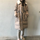 New women's winter down jacket faux rabbit fur collar long drawstring slim zipper ladies chic coat loose oversize outwear