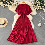 Summer Women Pleated Dress Vintage Round Neck Hollow Out Short Sleeve High Waist Casual Vestidos Elegant Draped Purple/Red