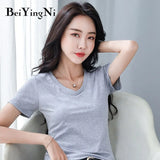 Cotton V-neck Tshirt Female Korean Hipster Basic Short Sleeve T-shirt Women Harajuku Casual Vintage Tee Shirts