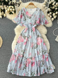 Women Summer Pleated Print Dress 2022 Vacation Ruffle Floarl Gentle Short Sleeves Ladies Slim A Line Long Dresses