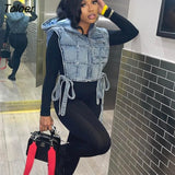 Winter Sleeveless Side Lace Up Vest Jacket Zipper Denim Hoodies Streetwear Women Clothing Fashion Outwear Crop