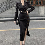 Arrival Fashion Autumn Women OL Temperament black Crop Top + Sexy Split Midi Skirt Slim Skirt Suits