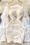 Elegant Women Floral Lace Fairy Dress Sexy Hollow Out Long Flare Sleeve Padded Square Collar Ruched Mini Party Dress