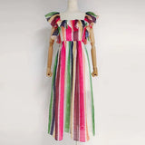 Casual Striped Dress For Women Square Collar Sleeveless High Waist Colorblock Midi Dresses Female Fashion