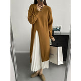 Women's Side Split Knitted Sweater Dress Autumn Winter Grau Beige Brown Black Design Woolen