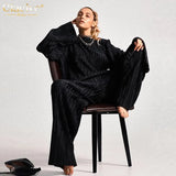 Fashion Pink Pleated Women Two Piece Outfits 2022 Elegant Loose Lace-Up Long Sleeve Shirts With Wide Pants Set