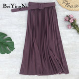 2020 Autumn Summer Women Skirt Midi With Belt Pleated Female Skirts Casual Luxury Korean Faldas Ladies Saias Chic
