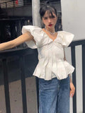 2022 Sexy V-Neck White Women Blouses Summer Puff Sleeve Shirts Chic Korean Office Vintage Elegant Female Lady