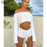 Knit Stripe Crop Top Shorts Suits Women Long Sleeves Top Drawstring Shorts 2 Two Piece Set Sweater 2023 Beach