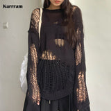 Gothic Hollow Out Sweater Hole See Through Oversized Knitted Pullovers Emo Streetwear Grunge Clothes Y2k Tops