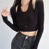 Sexy Slim Long Sleeve T-shirts Hollow Out Crop Top Women Tunics Kpop Button Patchwork T Shirt Fake Two-piece