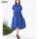 Women Dress 2022 Summer Short Sleeve Polo Neck Loose A Line Klein Blue Collect Waist Pleated Casual Basic Chic