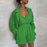 Fashion Crop Top Long Sleeve Shirts 3 Piece Sets Womens Outifits Autumn Orange Shorts Set Elegant Loose Suit With