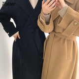 Blue Wool Jacket Woman Winter Thicken Streetwear Elegant Vintage Long Coats Woman Blends Autumn Long-sleeve