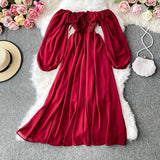 Autumn Women Slash Neck Long Sleeve Midi Dress Female Yellow/Red/Pink High Waist Ruffle Big Swing Chiffon Robe Fashion 2022