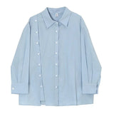Women Blue Hem Slit Big Size Irregular Blouse New Lapel Long Sleeve Loose Fit Shirt Fashion Spring Autumn 2023