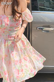 French Floral One Piece Dress Korean Elegant Casual Dresses for Women Party Puff Sleeve Beach Dress Females Summer
