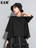 Women Black Back Zipper Split Joint Big Size T-shirt New Round Neck Half Sleeve Fashion Tide Spring Summer 2023