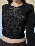 Rib Long Sleeve Printed Crop Top-Outfit