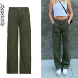 Rockmore Brown Vintage Baggy Jeans Women 90s Streetwear Pockets Wide Leg Cargo Pants Low Waist Straight Denim Trousers