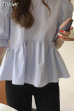 Korean Sweet Fluffy Ruffle Blouse Women Vintage Puff Sleeve Temperament Shirts Fashion O Neck Simple Loose All-match