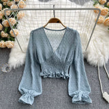 Autumn Fashion Korean Women Blouse Long Sleeve V Neck Elastic Ruched Slim Tops Elegant Streetwear Short
