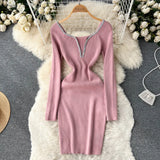 Retro Bodycon Knitted Dress Temperamant Long Sleeve Slim Sweater Dress Square Collar Women Winter Short Knit