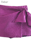 MODA 2023 Women High Waist Streetwear Purple Shorts Ladies Vintage Mini Shorts Skirt Female Elegant Fashion Bow