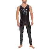 Toloer Plus Size Men's PVC Bright Leather Onesie Sexy Open Gear Slim Onesie Leather Pants Size Accurate-Outfit