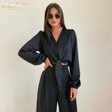 Black Satin Pants Set Women Fashion V-Neck Long Sleeve Blouse Matching Wide Trousers Suit Casual Slim Two Piece Pant