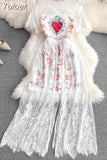 Women Summer Dress Runway Design Vintage Printed Lace Stitching Long Dress Fashion Fake Two Elegant Dress