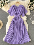 Women's Dress Temperament French Pleated Slim Long Vacation Style Chiffon Pleated Skirt Solid Color V-neck Women's