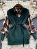 2022 Winter Casual Sweater Sets Loose Long Knit Tank Top+Spliced Plaid Blouse Women Retro OL Knitted Two Pieces