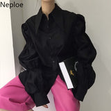 Women Blouse Chic High Street Tops Korean Vintage Turn-down Collar Loose Long Blusas Mujer Puff Sleeve White Shirt