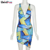 Puss Colorful Print Summer Party Dress Women Sleeveless Deep V Skinny Bodycon Stretchy Sexy Clubwear Asymmetry