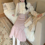 Kawaii Woolen Pink Plaid Mermaid Skirt Women Autumn Japanese Sweet Elegant High Waist Slim Strap Long Skirts Soft