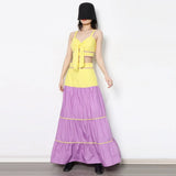 Patchwork Colorblock Two Piece Set Women V Neck Sleeveless Tops High Waist Loose Ankle Length Skirt Female Sets