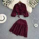 Temperament V-Neck Hollow Embroidered Lantern Sleeve Short Shirt Women Two Sets Hit High Waist Thin Word Half