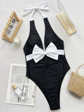 Toloer Bikini Bikini Black And White Contrast Color Bow Tie Band One-Piece Swimsuit D798RY-Outfit