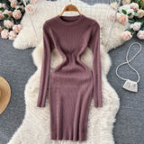 Women Striped Midi Sweater Dress Long Sleeve Elastic Waist Slim Warm Dress Fashion 2022 Ladies Thick Knitted