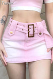 Pink Sexy Girl Jean Skirt Women Summer Y2k Belt Cute Low Waist A-line Slim Denim Mini Skirt Korean Style