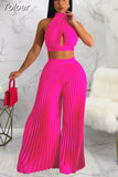 Spring Summer Two Piece Pant Suits Sexy Off The Shoulder Backless Crop Top and High Waist Pleated Wide Leg Long Trouser