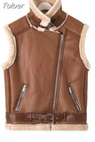 MODA Autumn Women Thick Warm Faux Leather Vest Jacket With Belt Ladies Fashion Sleeveless Waistcoat Coat Female Chic