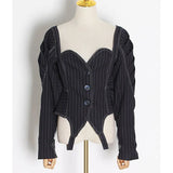 Striped Casual Jacket For Women Square Collar Long Sleeve Slim Short Jackets Female Fashion New Clothing