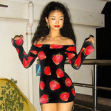 Print Dress Women Aesthetic Clothes Off Shoulder Long Sleeve Bodycon Dresses y2k Fairycore Grunge Dress
